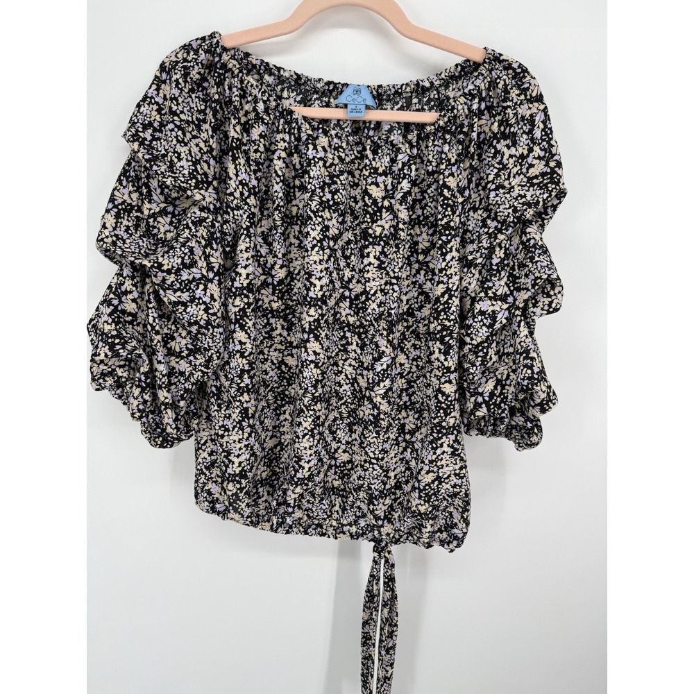 CeCe Floral Off The Shoulder Blouse Tie Hem Tiered Sleeve Top Black Small
